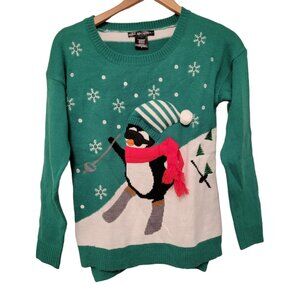 Womens United States Sweater Ski Penguin Ugly Christmas Sweater‎ Knit Sz S Scarf